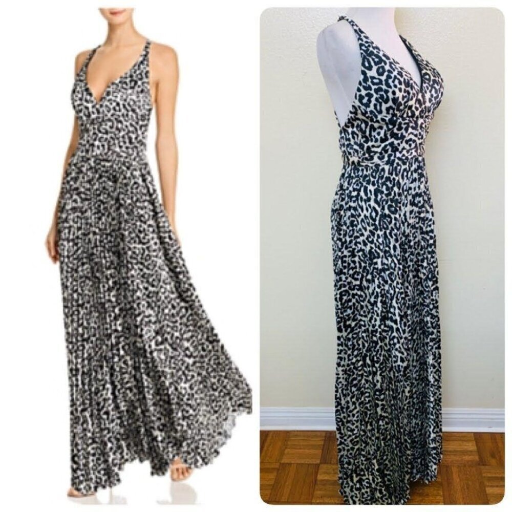 Laundry by Shelli Segal Leopard Print Halter Maxi Dress Black White Pleated Sz 2 - Picture 3 of 9